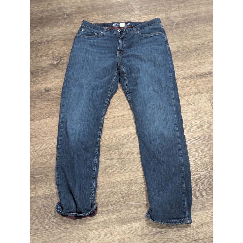 Vintage Eddie‎ Bauer Premium Denim Flannel Lined Jeans Red Plaid 34x34 Straight